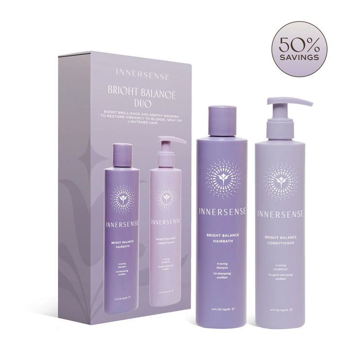 INNERSENSE Organic Beauty Bright Balance Duo on a white back ground and 50% savings sticker