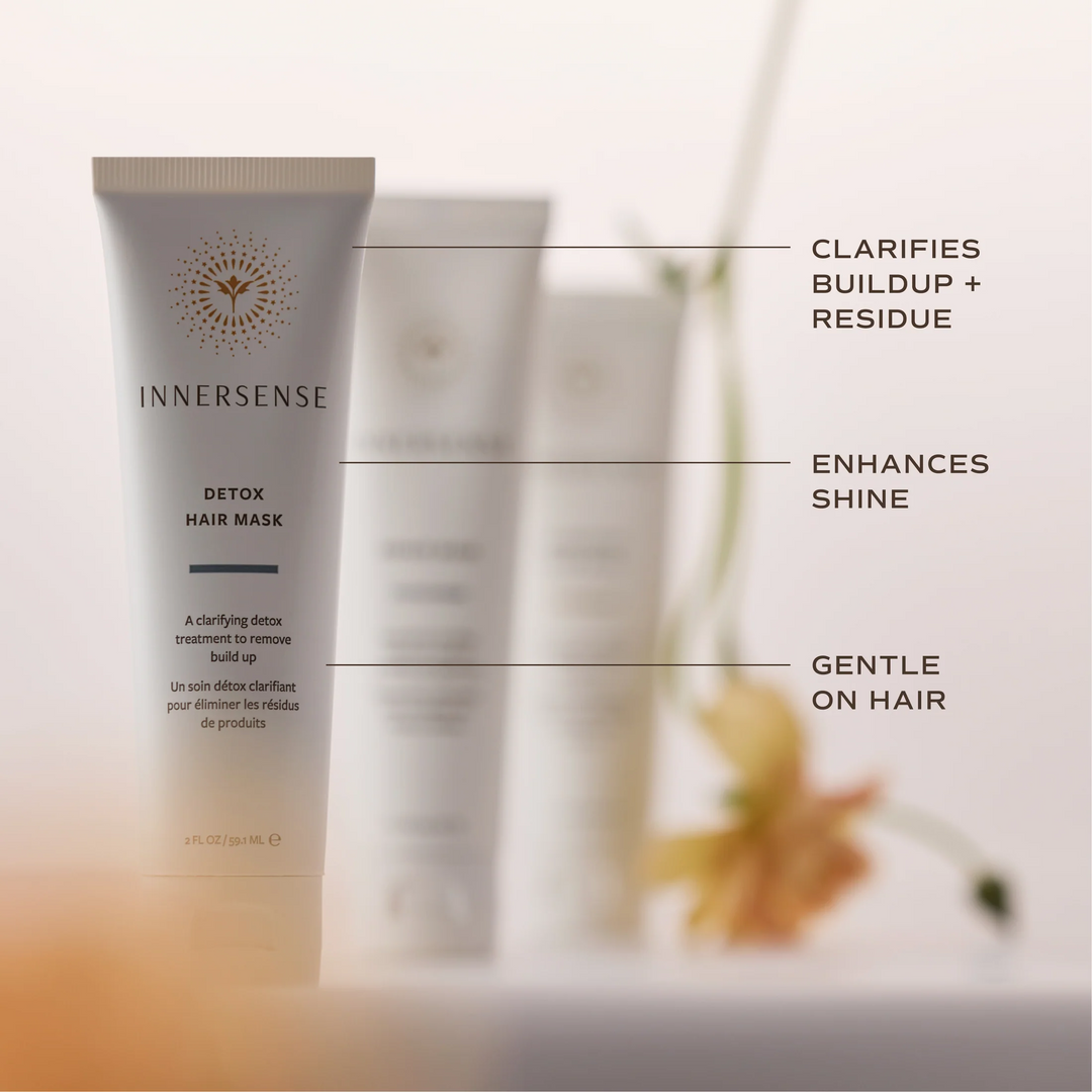 Innersense Detox Hair Mask with callouts highlighting buildup and residue removal, enhanced shine and gentle care