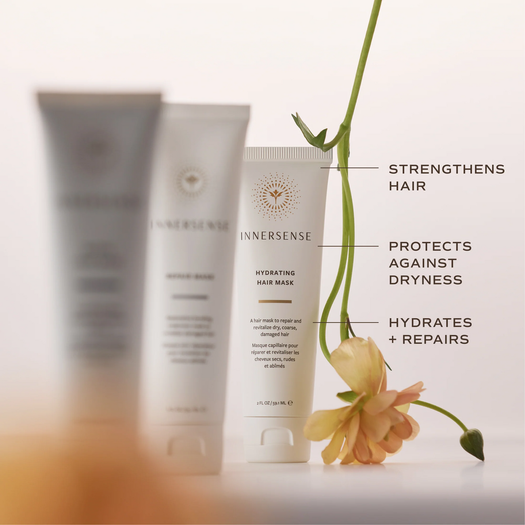 Innersense Hydrating Hair Mask with callouts highlighting stronger hair, protection against dryness, hydration and repair