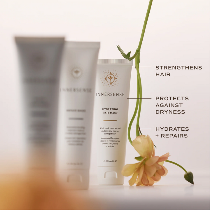 Innersense Hydrating Hair Mask with callouts highlighting stronger hair, protection against dryness, hydration and repair