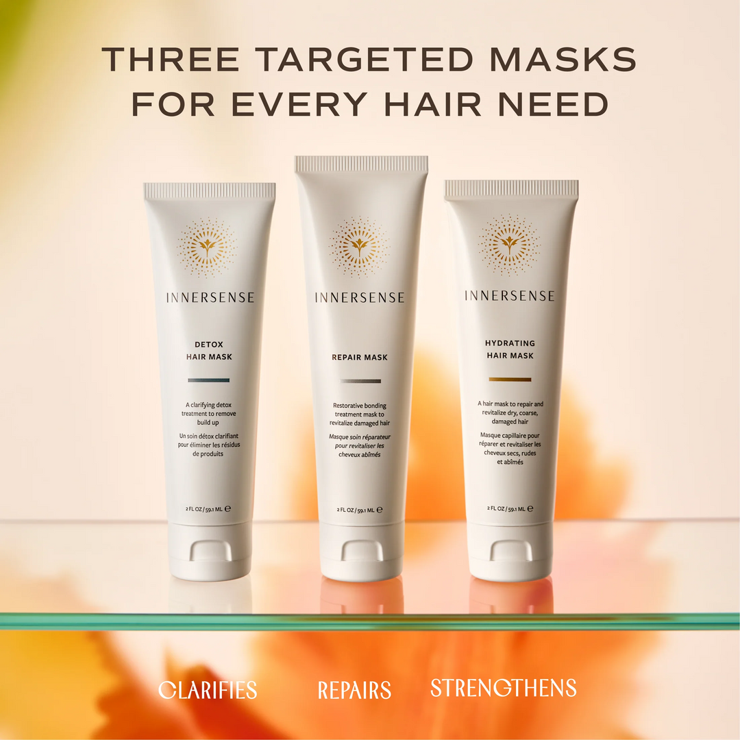 Innersense Detox, Repair and Hydrating Hair Masks with text highlighting three targeted treatments to clarify, repair and strengthen hair