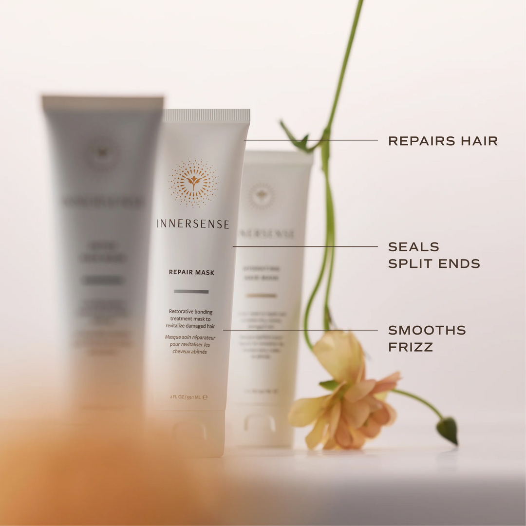 Innersense Repair Mask with callouts highlighting hair repair, split-end sealing and frizz smoothing