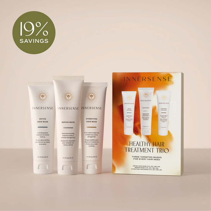 Innersense Healthy Hair Treatment Trio with Detox, Repair and Hydrating Hair Masks beside the gift box, showing 19% savings