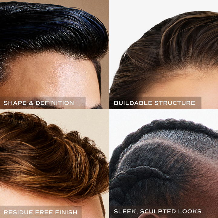 Close-up of hair texture with labels for shape, buildable structure, residue-free finish, and sleek, sculpted looks for INNERSENSE Organic Beauty Inner Reflection Sculpting Pomade