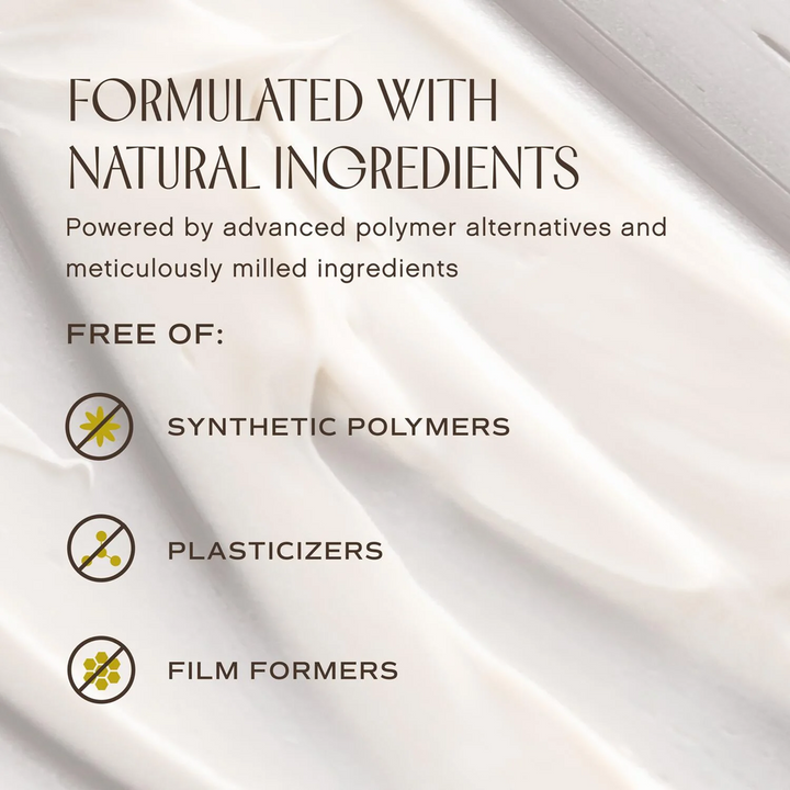 Text overlay on a fabric background about natural ingredients and product formulation for INNERSENSE Organic Beauty Inner Reflection Sculpting Pomade