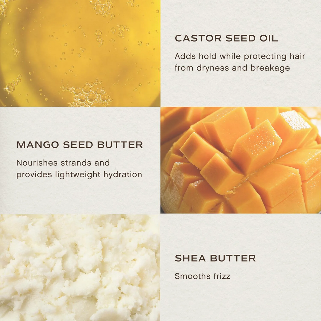INNERSENSE Organic Beauty Inner Reflection Sculpting Pomade ingredients with images of castor seed oil, mango seed butter, and shea butter on a white background.