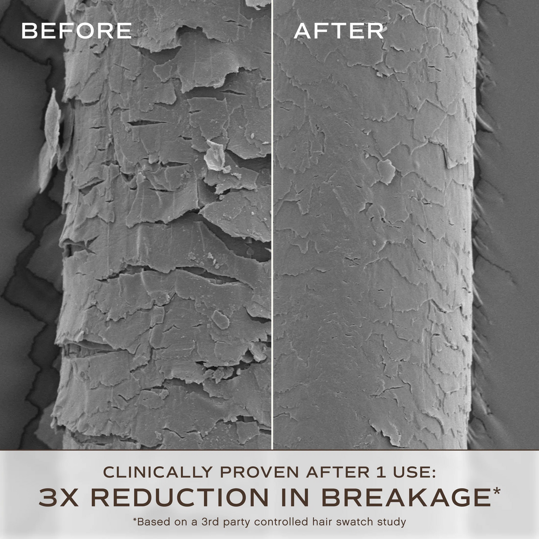 A before-and-after split-screen comparison showing a close-up of hair shaft texture, with the left side labeled BEFORE and the right side labeled AFTER. Text at the bottom reads &