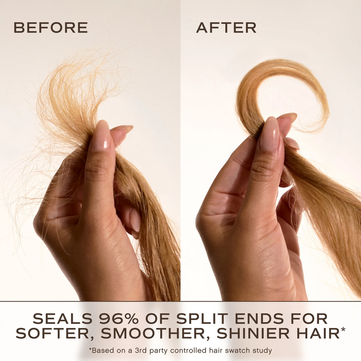 Before-and-after comparison showing a hand holding a section of blonde hair, with frizzy, split ends visible on the left and smoother, healthier hair on the right. Text at the top reads BEFORE and AFTER, and text at the bottom says it seals 96% of split ends for softer, smoother, shinier hair.