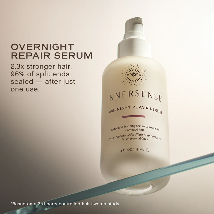 A bottle of Innersense Overnight Repair Serum shown on a glass shelf against a warm beige background, with product text on the left.