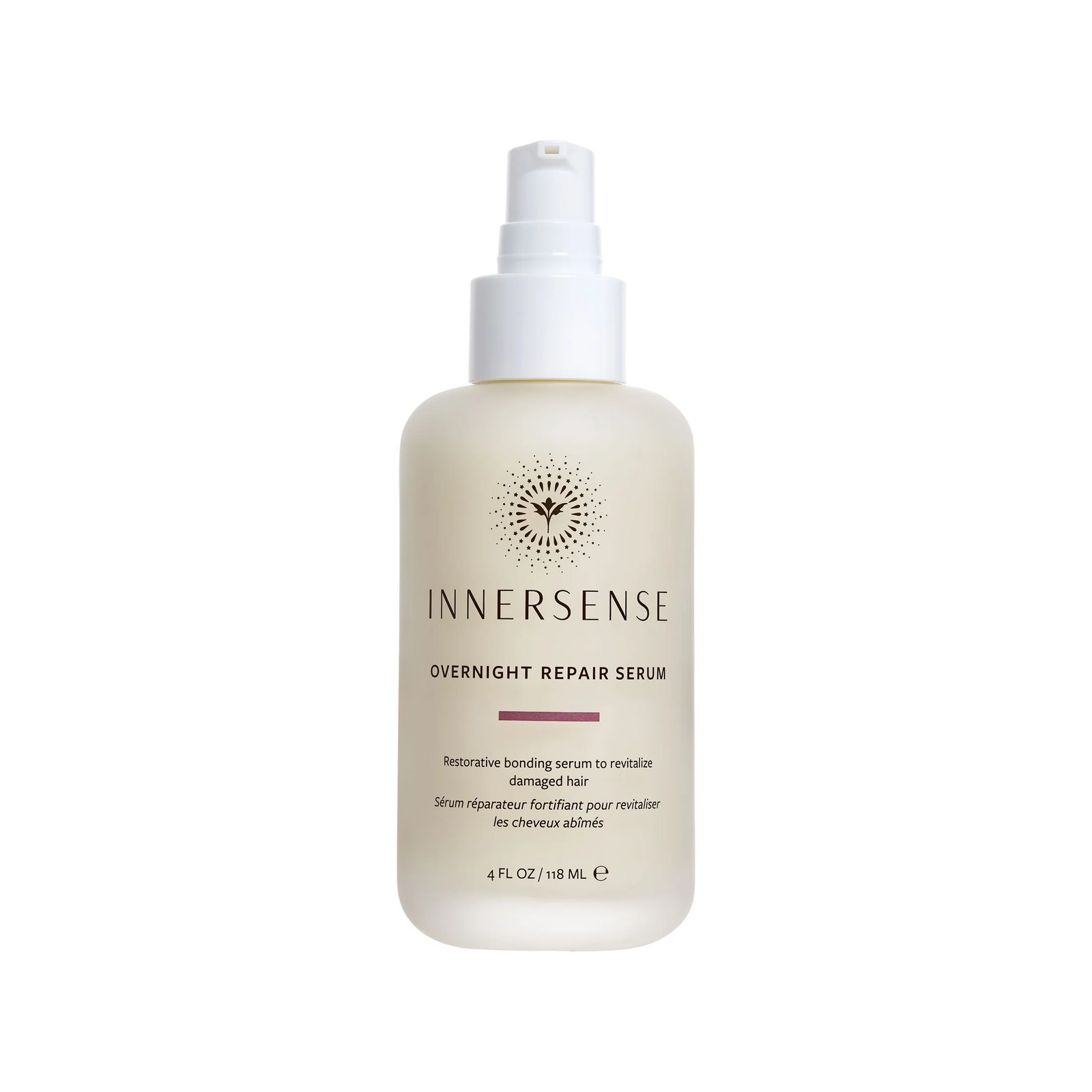 A bottle of INNERSENSE Organic Beauty - Overnight Repair Serum with a white pump dispenser and a frosted off-white bottle, shown against a plain white background.