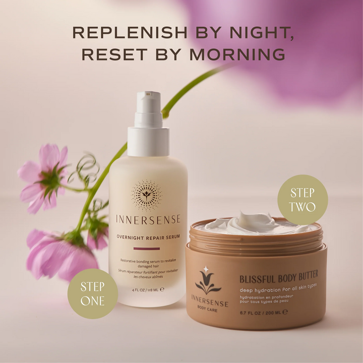INNERSENSE nightly ritual: Overnight Repair Serum as step one and an open jar of Blissful Body Butter as step two