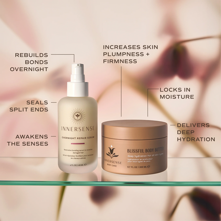 INNERSENSE Overnight Repair Serum and Blissful Body Butter with callouts for hair bond repair, split ends and skin hydration