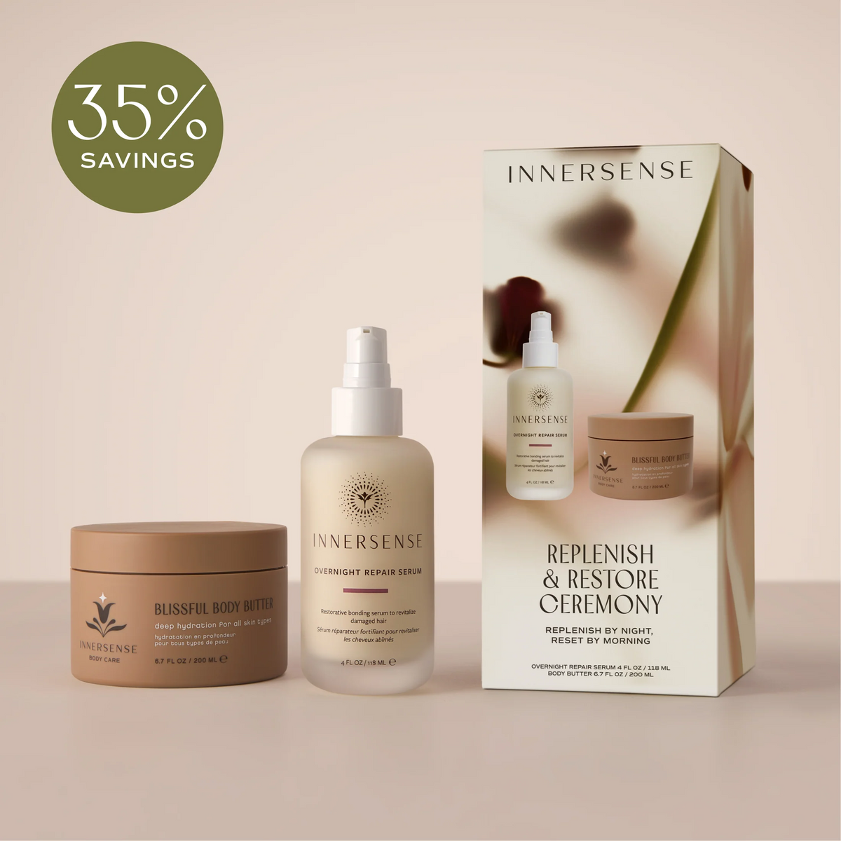 INNERSENSE Replenish & Restore Ceremony gift set with Overnight Repair Serum, Blissful Body Butter and box, showing 35% savings