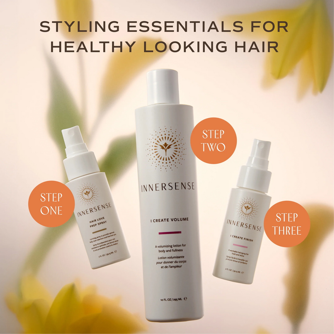 INNERSENSE three-step styling routine: Hair Love Prep Spray first, I Create Volume second and I Create Finish third