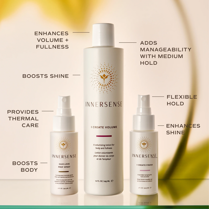 INNERSENSE styling trio benefits: thermal care and body, volume and fullness with medium hold, and flexible hold with shine