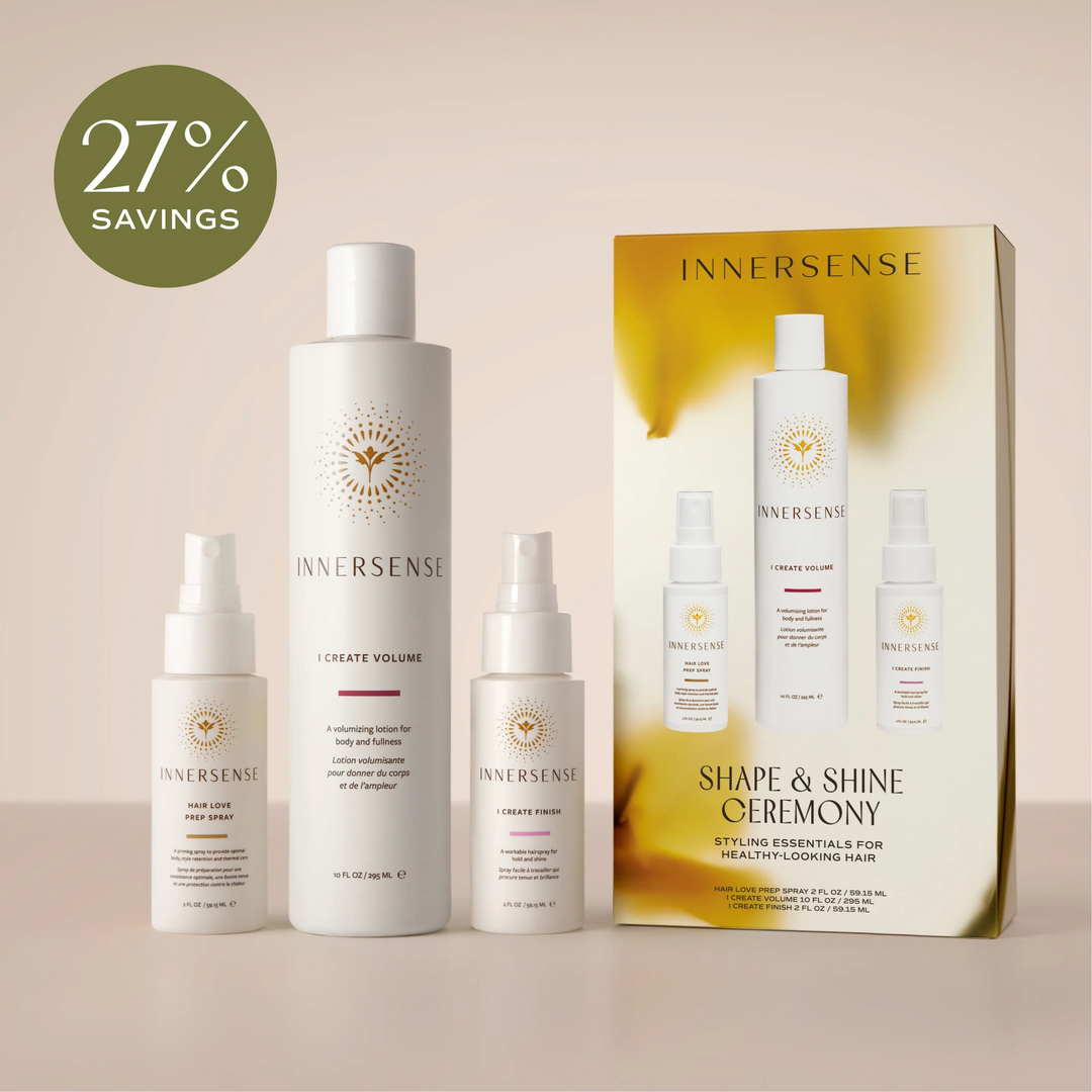 INNERSENSE Shape &amp; Shine Ceremony styling trio with Hair Love Prep Spray, I Create Volume and I Create Finish beside gift box; 27% savings