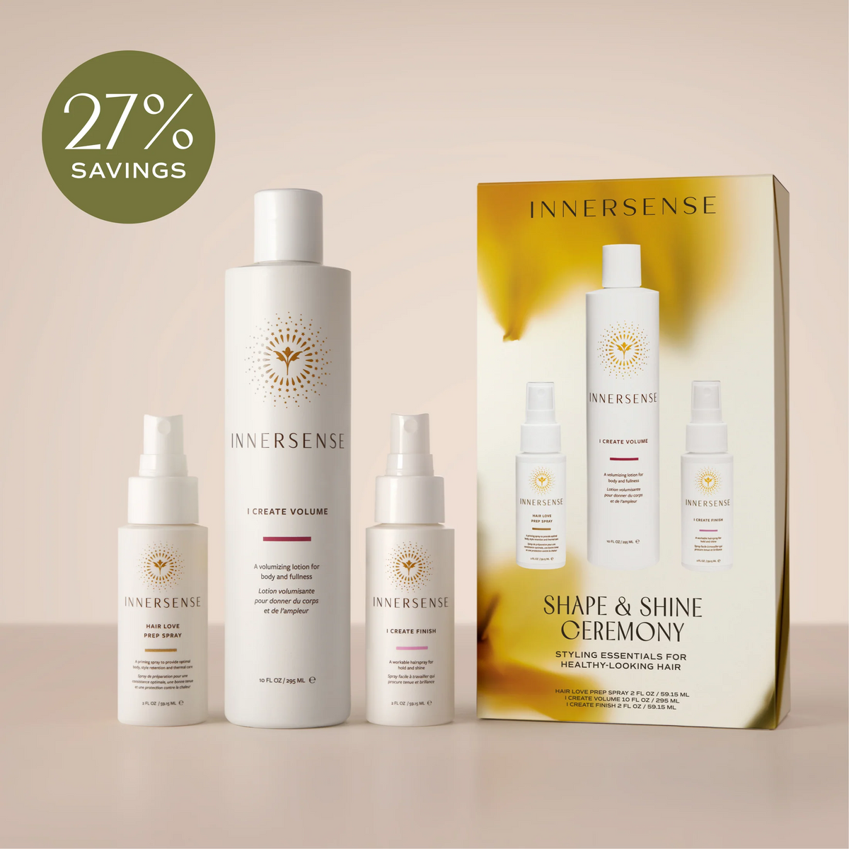 INNERSENSE Shape & Shine Ceremony styling trio with Hair Love Prep Spray, I Create Volume and I Create Finish beside gift box; 27% savings