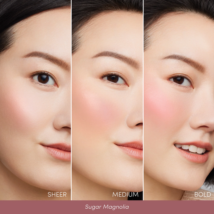 Jane Iredale ColorLuxe Liquid Blush sugar magnolia model showcasing sheer to medium to bold coverage