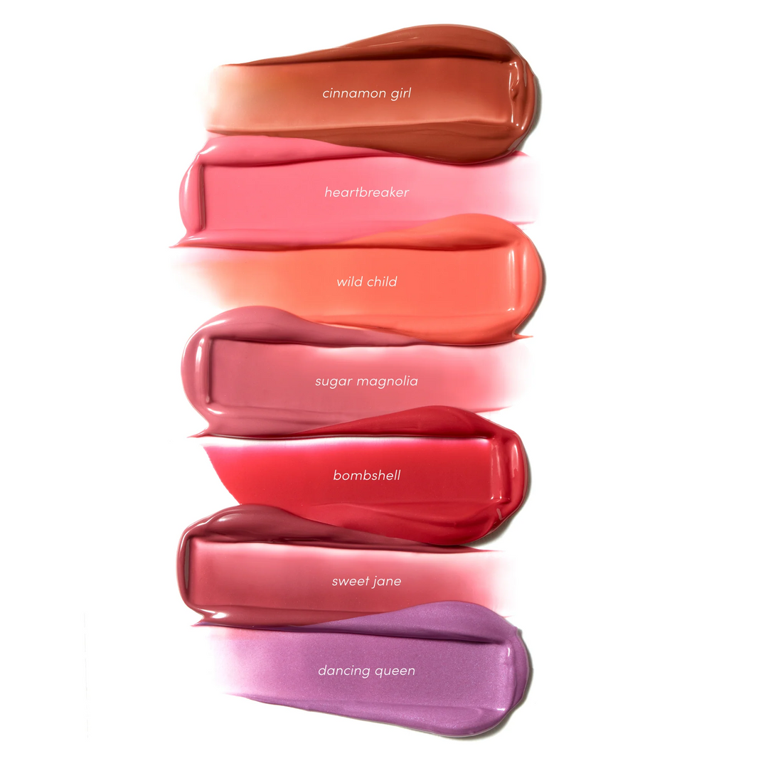 jane iredale colorluxe liquid blush textures and shades on a white background