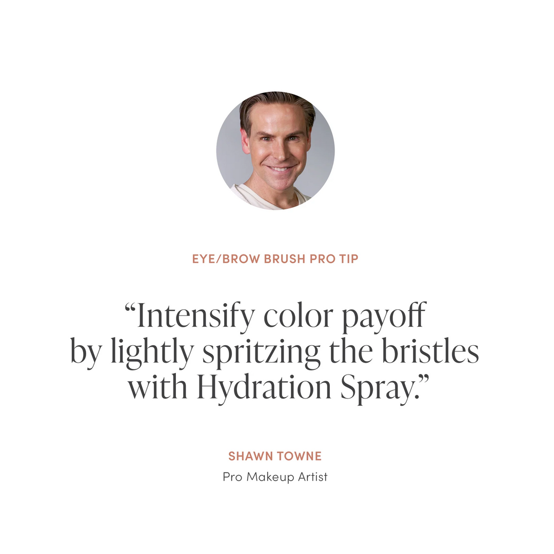 Pro makeup artist tip about intensifying color payoff with hydration spray on a white background