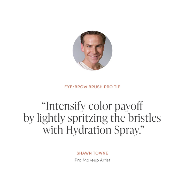 Pro makeup artist tip about intensifying color payoff with hydration spray on a white background