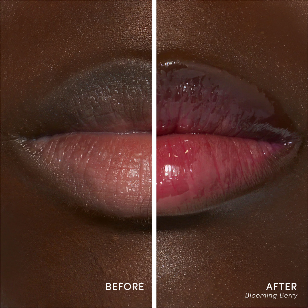 Before and After of lip wearing Jane Iredale Just Kissed pH Lip Oil blooming berry