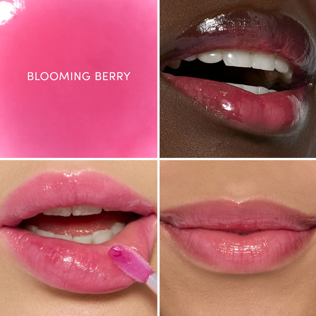 three different lips wearing Jane Iredale Just Kissed pH Lip Oil blooming berry