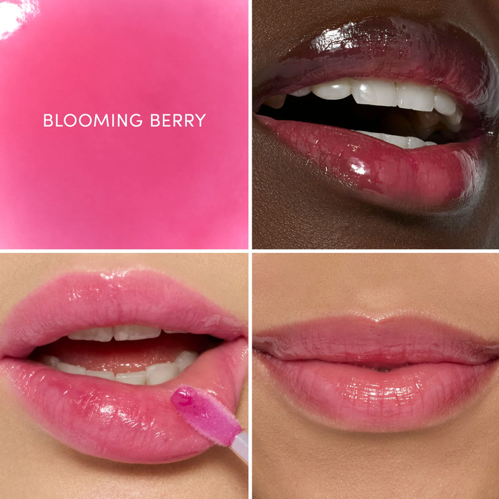 three different lips wearing Jane Iredale Just Kissed pH Lip Oil blooming berry