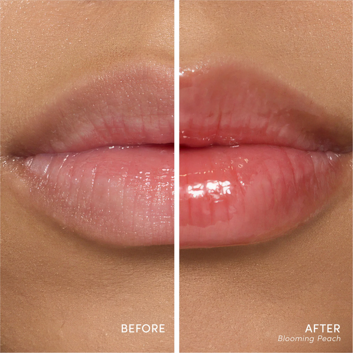 Before and After of a woman wearing Jane Iredale Just Kissed pH Lip Oil blooming peach