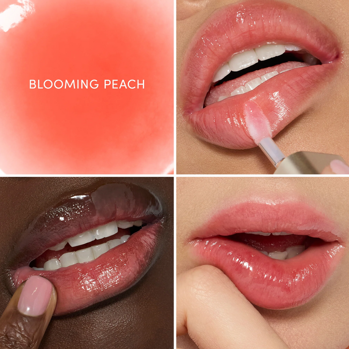 Three different lips wearing Jane Iredale Just Kissed pH Lip Oil blooming peach