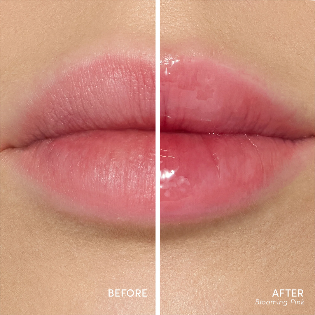 Before and after of lips wearing Jane Iredale Just Kissed pH Lip Oil blooming pink