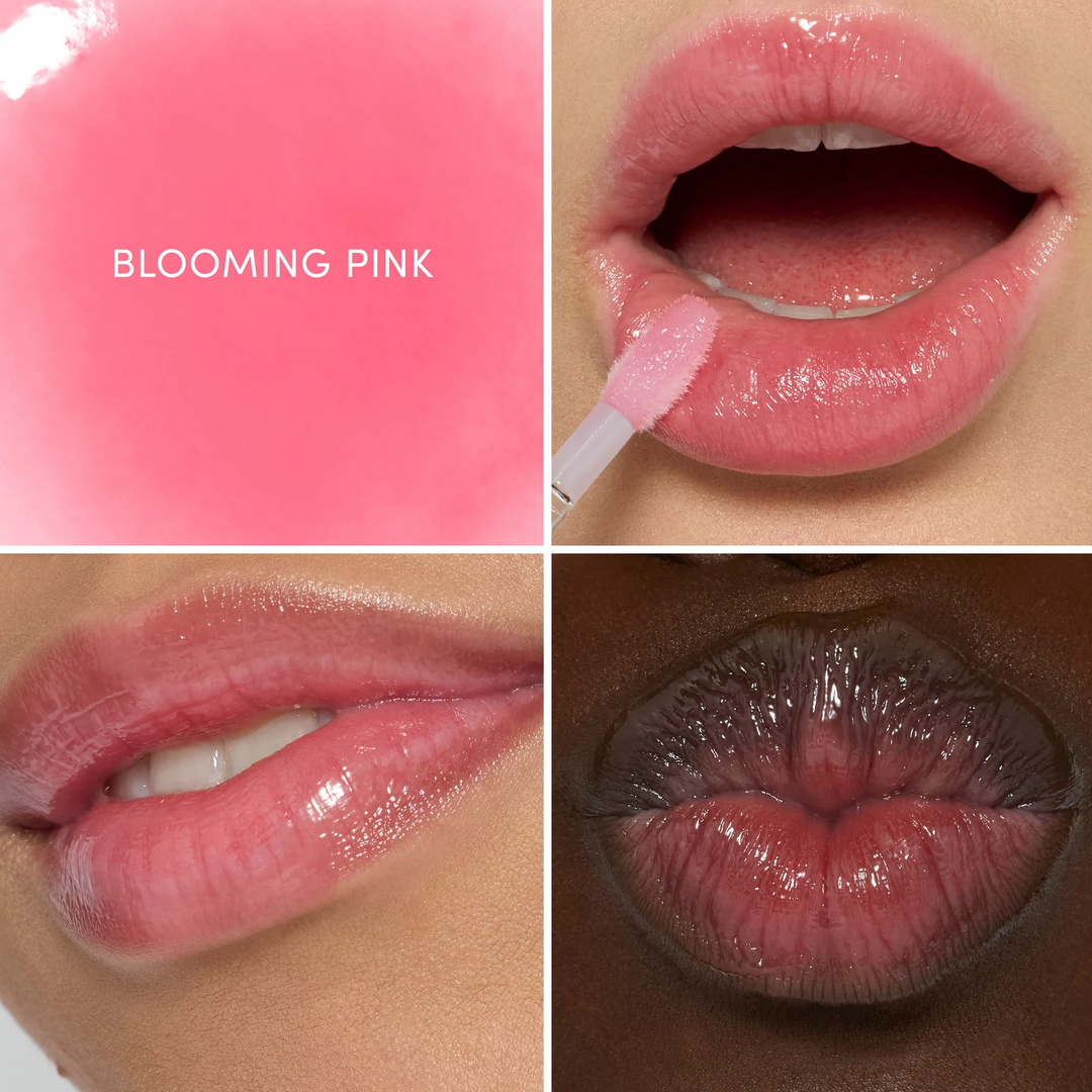 3 different lips wearing Jane Iredale Just Kissed pH Lip Oil blooming pink