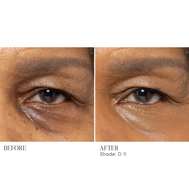 Before and after comparison of eye makeup with Jane Iredale Skintuition Brightening Under Eye Concealer with Active Peptide Complex Shade D11 label.