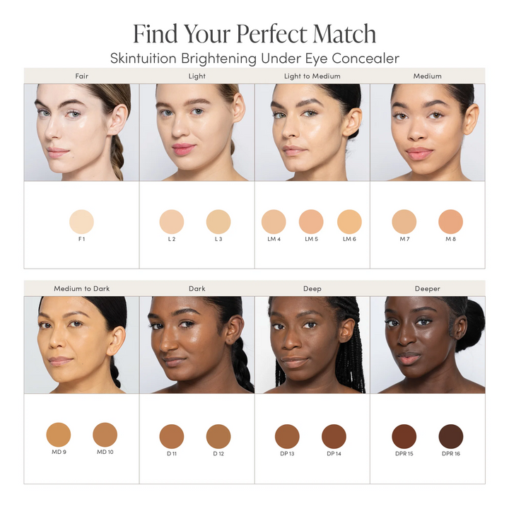 Concealer color chart for jane iredale skintuition brightening under-eye concealer makeup with model skin tones.