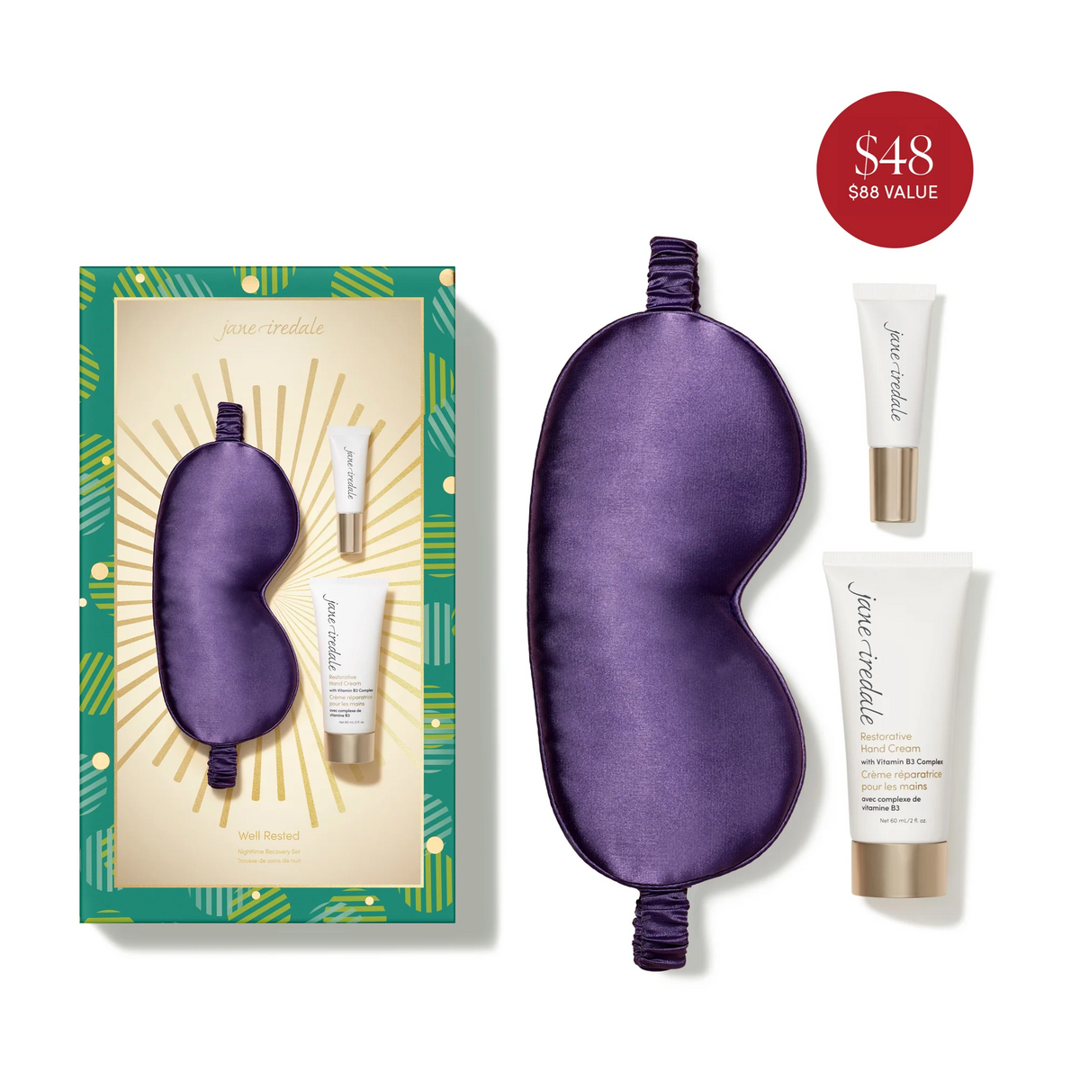 Jane Iredale Well Rested Nighttime Recovery Kit with purple sleep mask, two skincare tubes and green-and-gold gift box