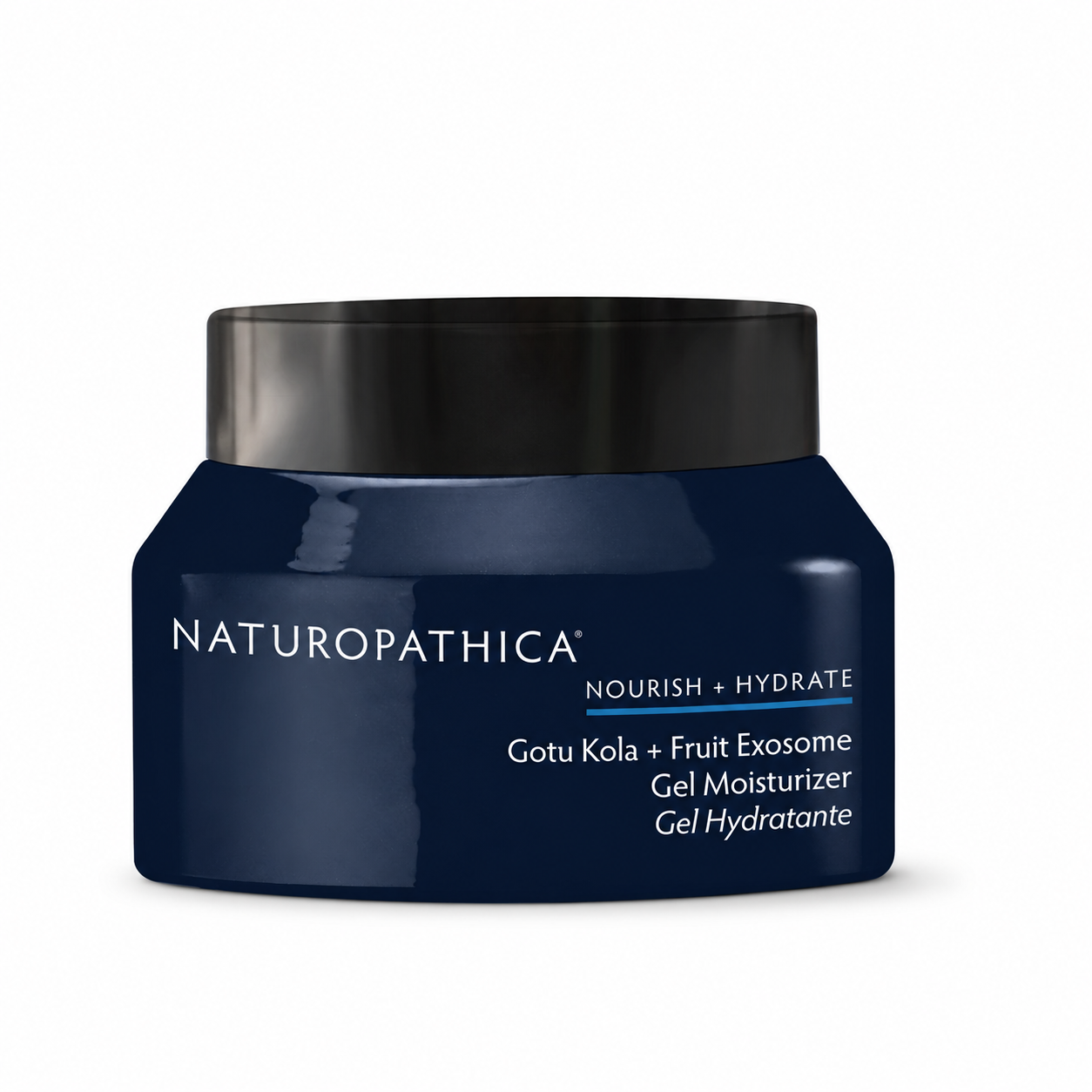 Naturopathica Gotu Kola + Fruit Exosome Gel Moisturizer in a dark navy blue jar with a black lid, on a white background.