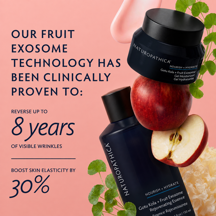 Naturopathica Gotu Kola + Fruit Exosome duo featuring a black jar and bottle with fruit exosome technology text on a pink background, styled with a red apple, apple slice, green leaves, and a hand at the top.