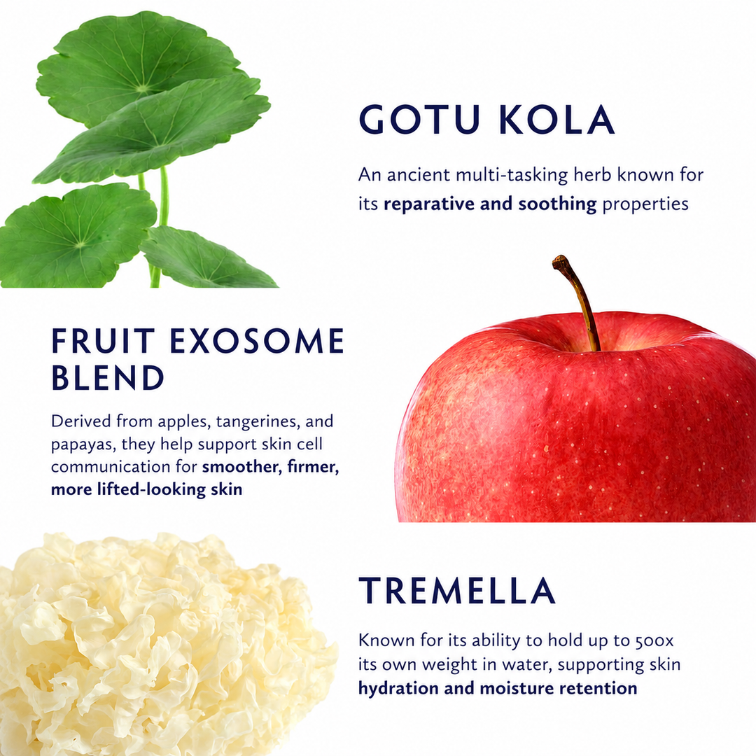 Naturopathica Gotu Kola + Fruit Exosome duo featured ingredients: GOTU KOLA with green leaves, FRUIT EXOSOME BLEND with a red apple, and TREMELLA with pale cream flower-like pieces. No actual packaged product is shown.
