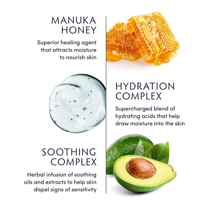Product components including manuka honey, hydration complex, and soothing complex with corresponding images and text.