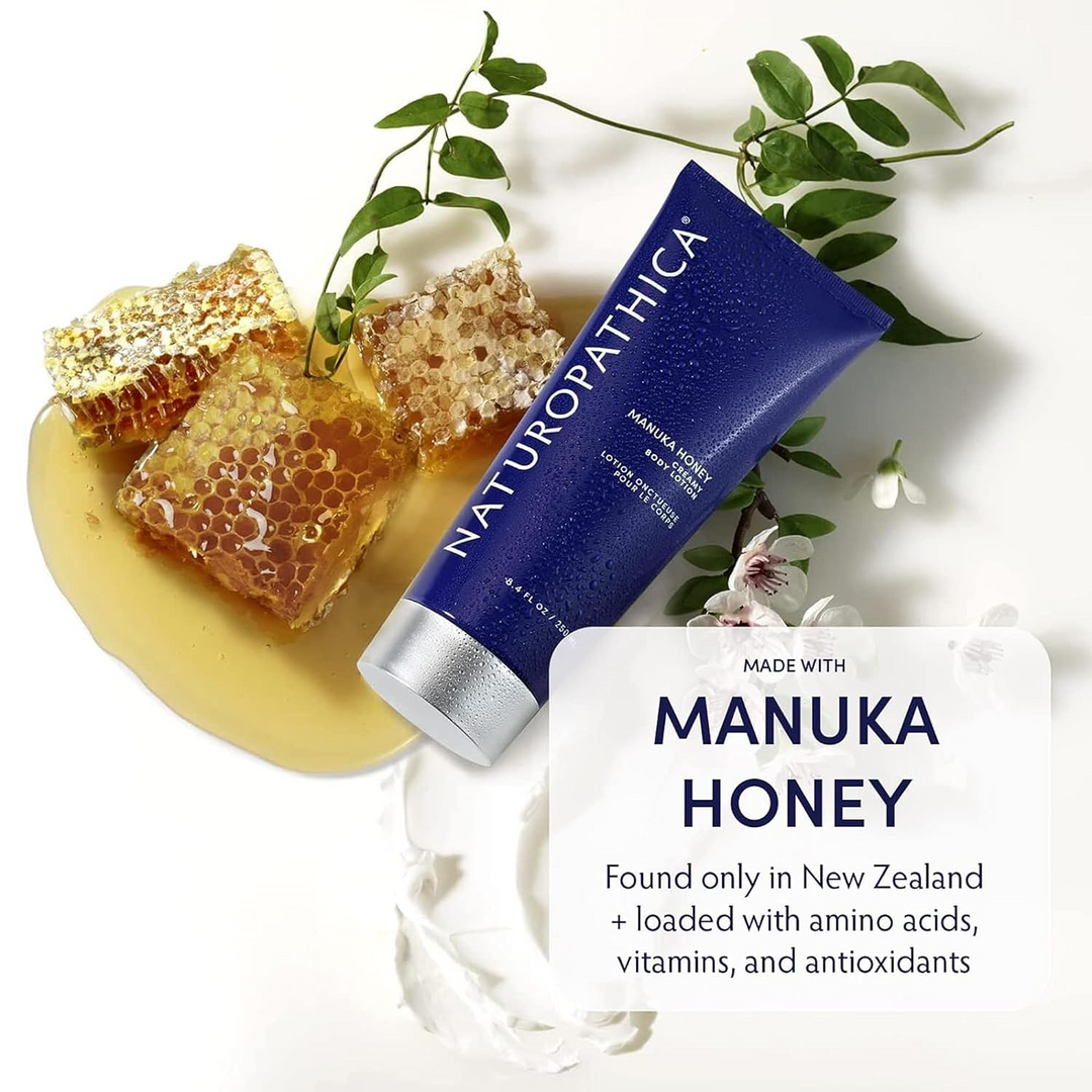 Naturopathica Manuka Honey Creamy Body Lotion with manuka honey and honeycomb on a white background
