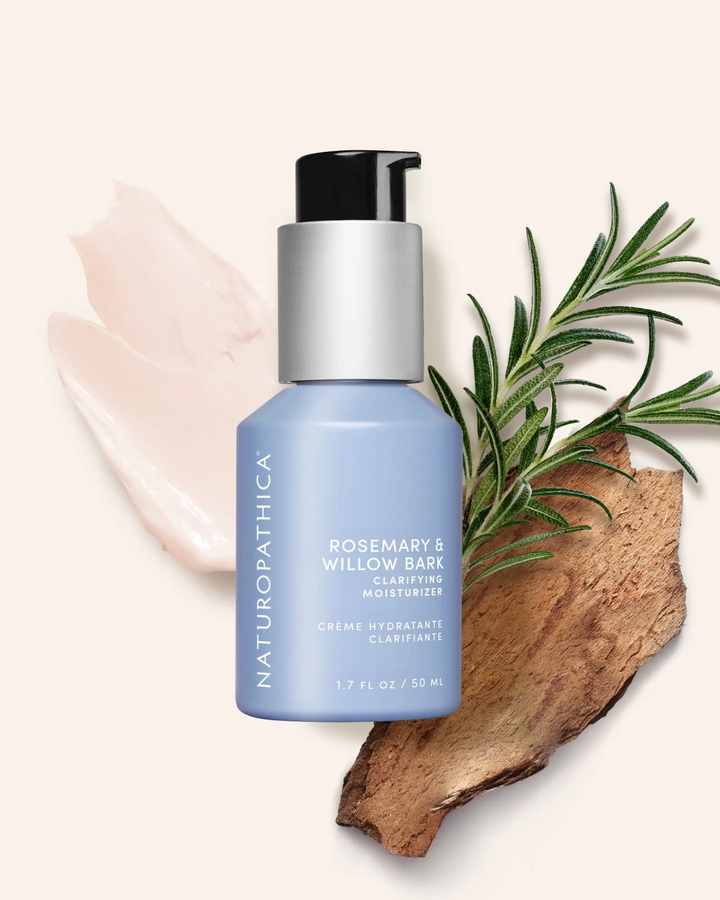 Naturopathica Rosemary & Willow Bark Clarifying Moisturizer lifestyle with ingredients in back ground