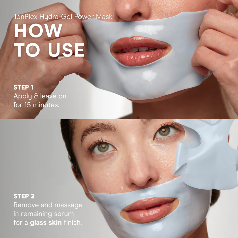 Instructions on how to use a NuFACE IonPlex Hydra-Gel Power Mask with close-up shots of a person applying the mask.