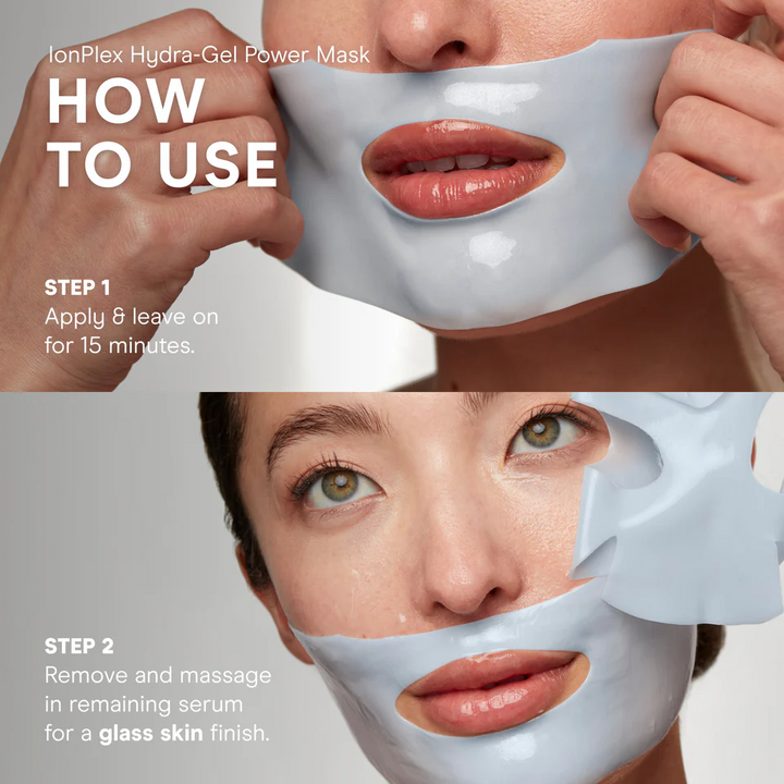 Instructions on how to use a NuFACE IonPlex Hydra-Gel Power Mask with close-up shots of a person applying the mask.