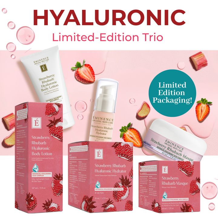 Eminence Organics Strawberry Rhubarb Trio - Limited Edition skincare products with strawberry and rhubarb design on a pink background.