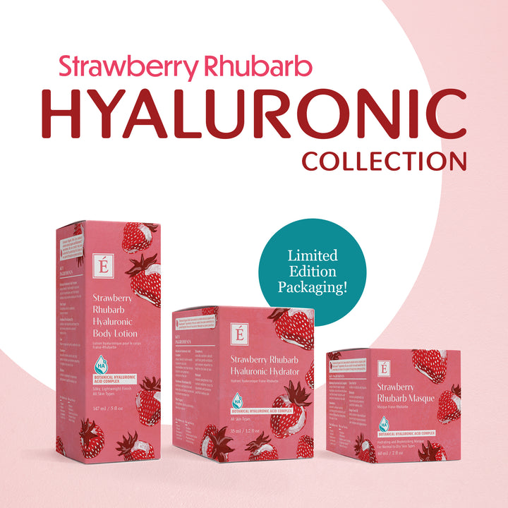 Strawberry Rhubarb Hyaluronic Collection packaging on a pink background