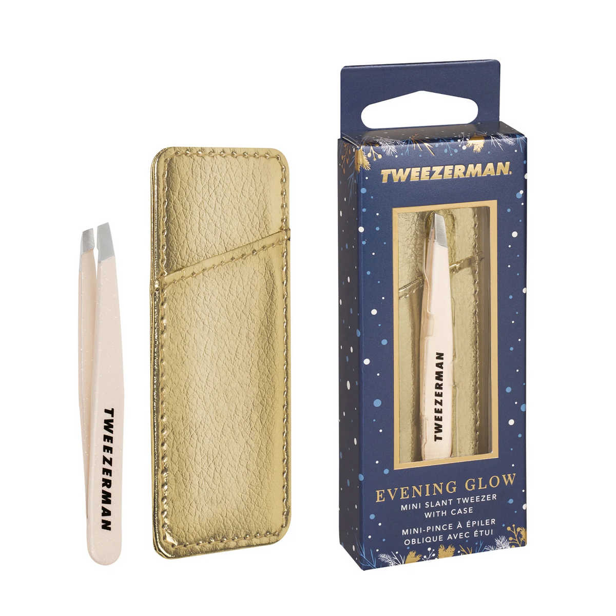 Tweezerman Evening Glow Mini Slant Tweezer with metallic gold case and navy limited-edition packaging