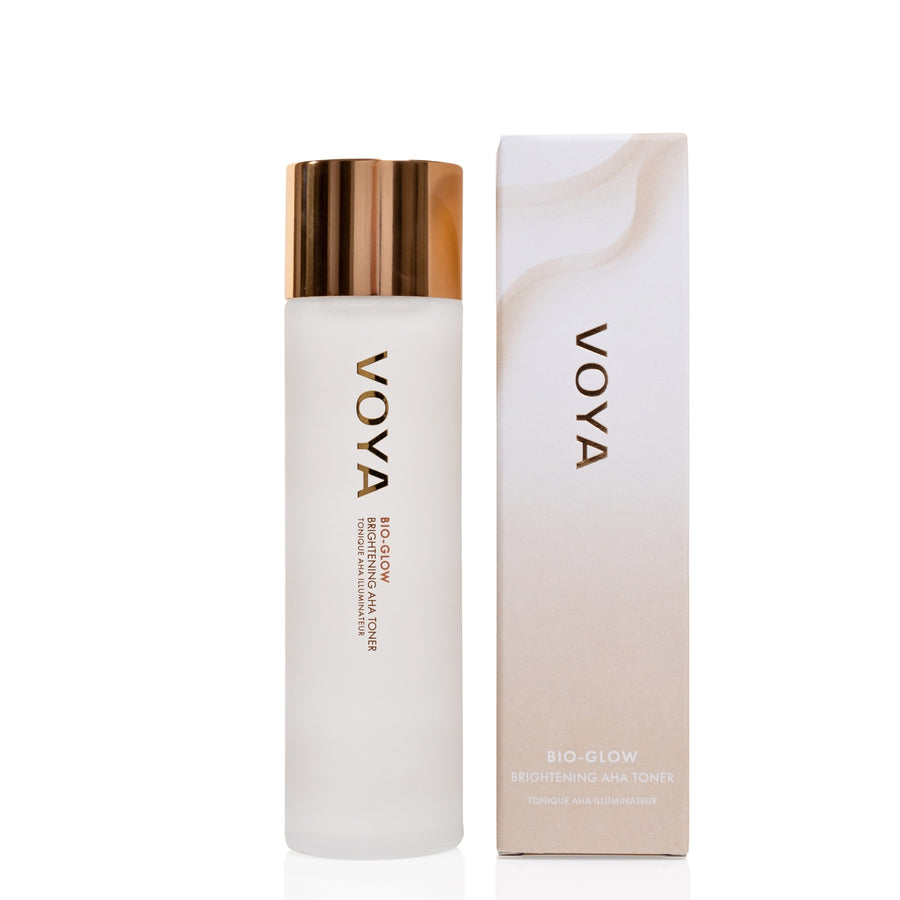 VOYA Bio Glow: Brightening AHA Toner bottle and box on a white background
