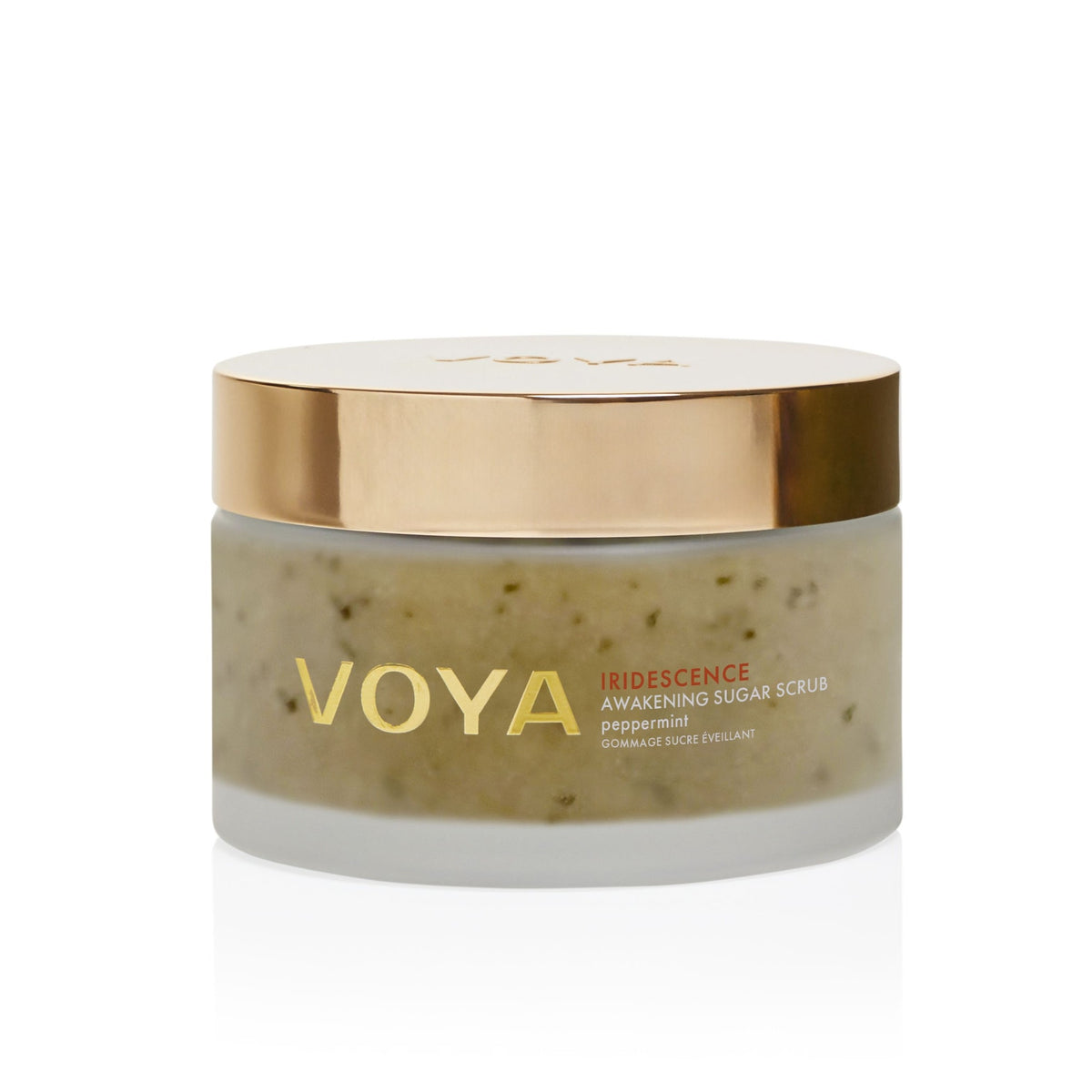 VOYA Iridescence Awakening Sugar Scrub in a frosted jar with a gold lid on a white background