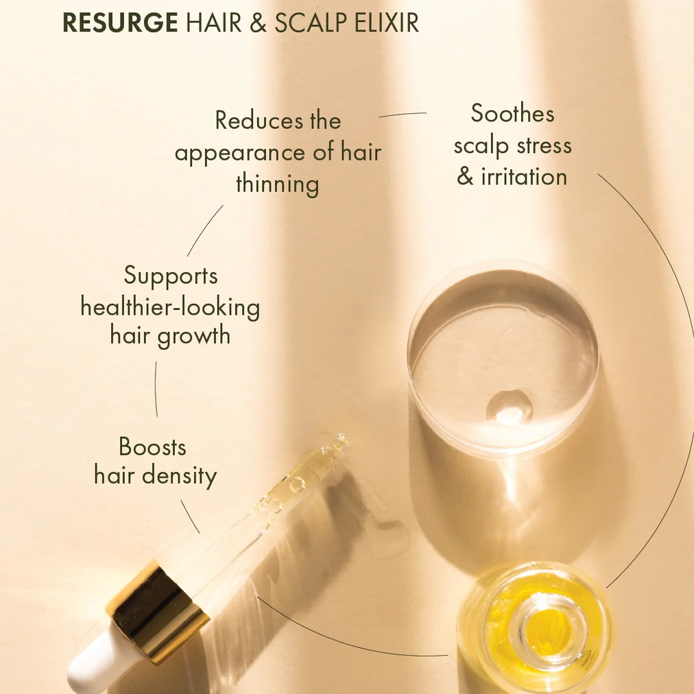 VOYA Resurge - Hair And Scalp Elixir with dropper on a beige background, featuring text about its benefits.
