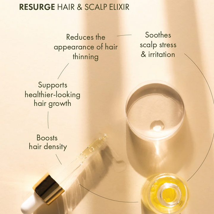 VOYA Resurge - Hair And Scalp Elixir with dropper on a beige background, featuring text about its benefits.